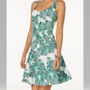 NINE WEST WHITE/GREEN TROPICAL LEAF PRINT SPRING SHORT DRESS 16